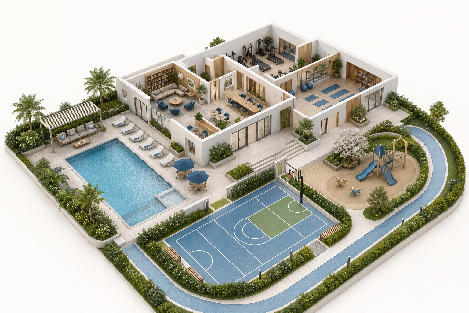 Generic 3D apartment amenity hub with clubhouse lounge, coworking and reading space, fitness and yoga rooms, pool, play area, sports court and walking loop