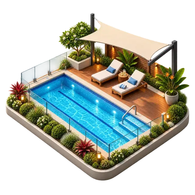 Urbanrise The Living Wave swimming pool with leisure deck, seating and planted surroundings