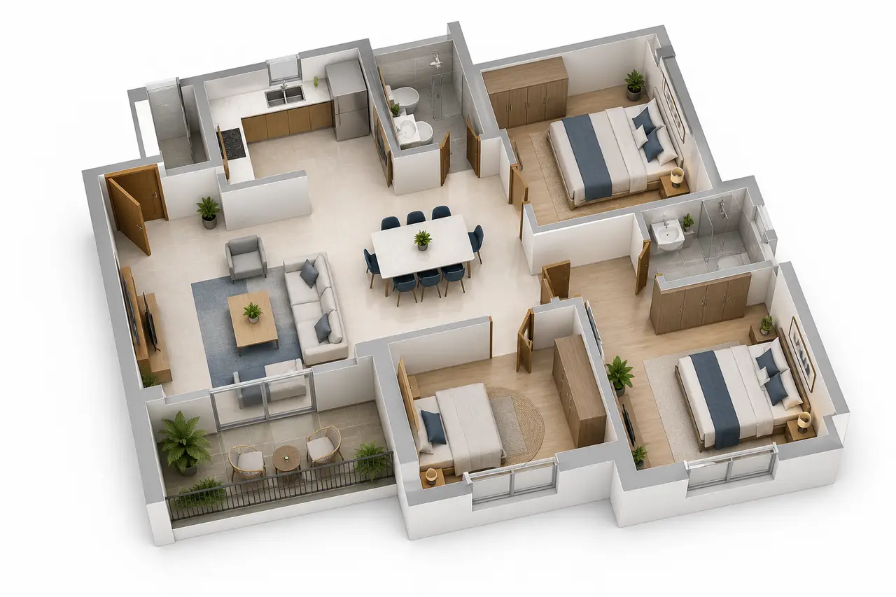 Conceptual three-bedroom apartment cutaway with two toilets, living-dining space, kitchen and balcony