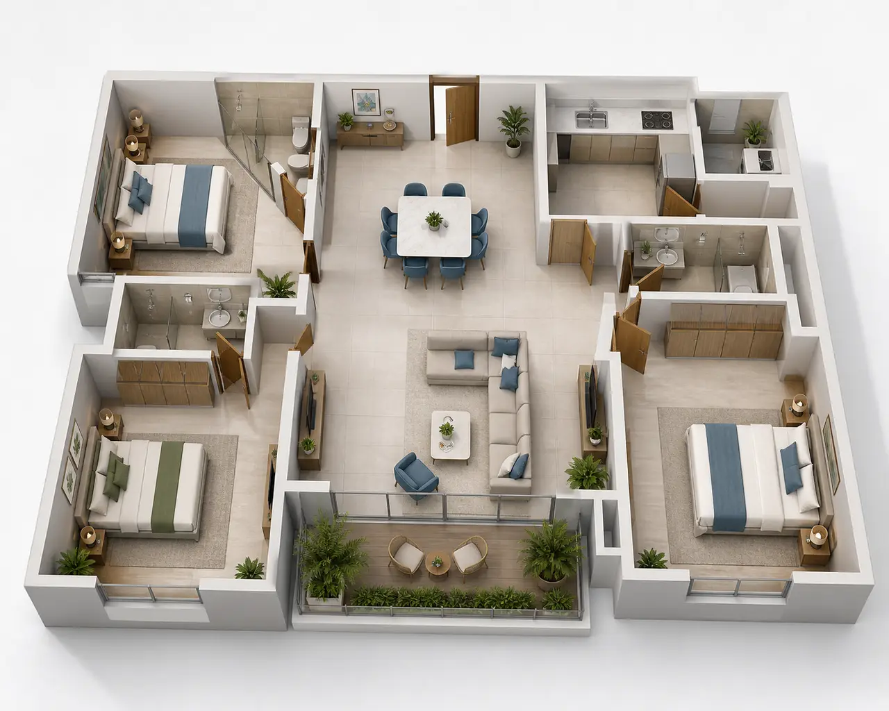 Conceptual three-bedroom apartment cutaway with three toilets, central living-dining space, kitchen and balcony