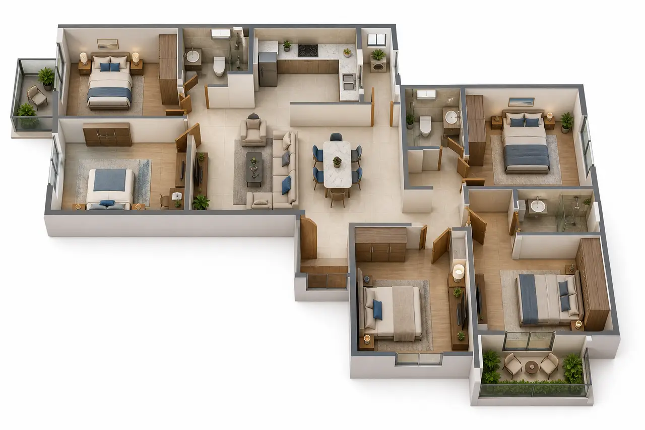 Conceptual four-bedroom apartment cutaway with three toilets, living-dining space, kitchen and two balconies