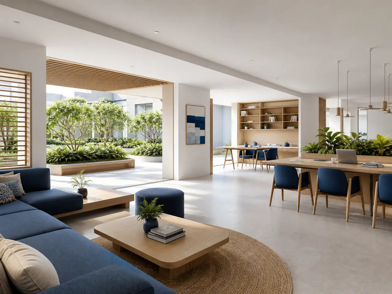 Bright shared lounge and work area with white surfaces, blue seating and a planted court