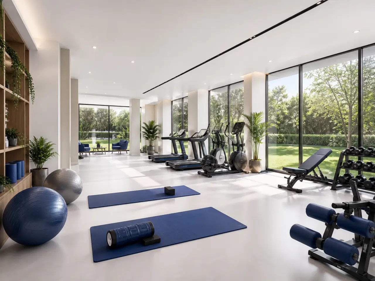 Bright fitness studio with white surfaces, blue equipment and a full-height garden outlook