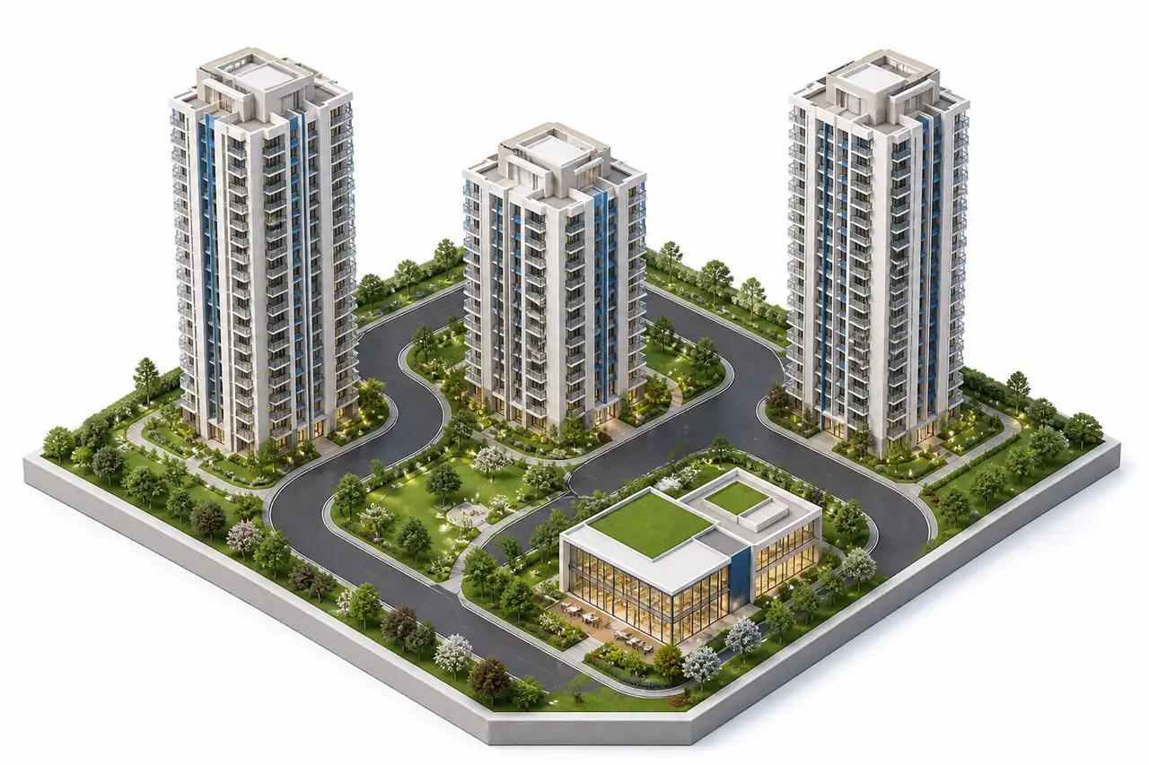 Generic 3D planning concept with three tall apartment towers, a separate low amenity building and a looping internal driveway